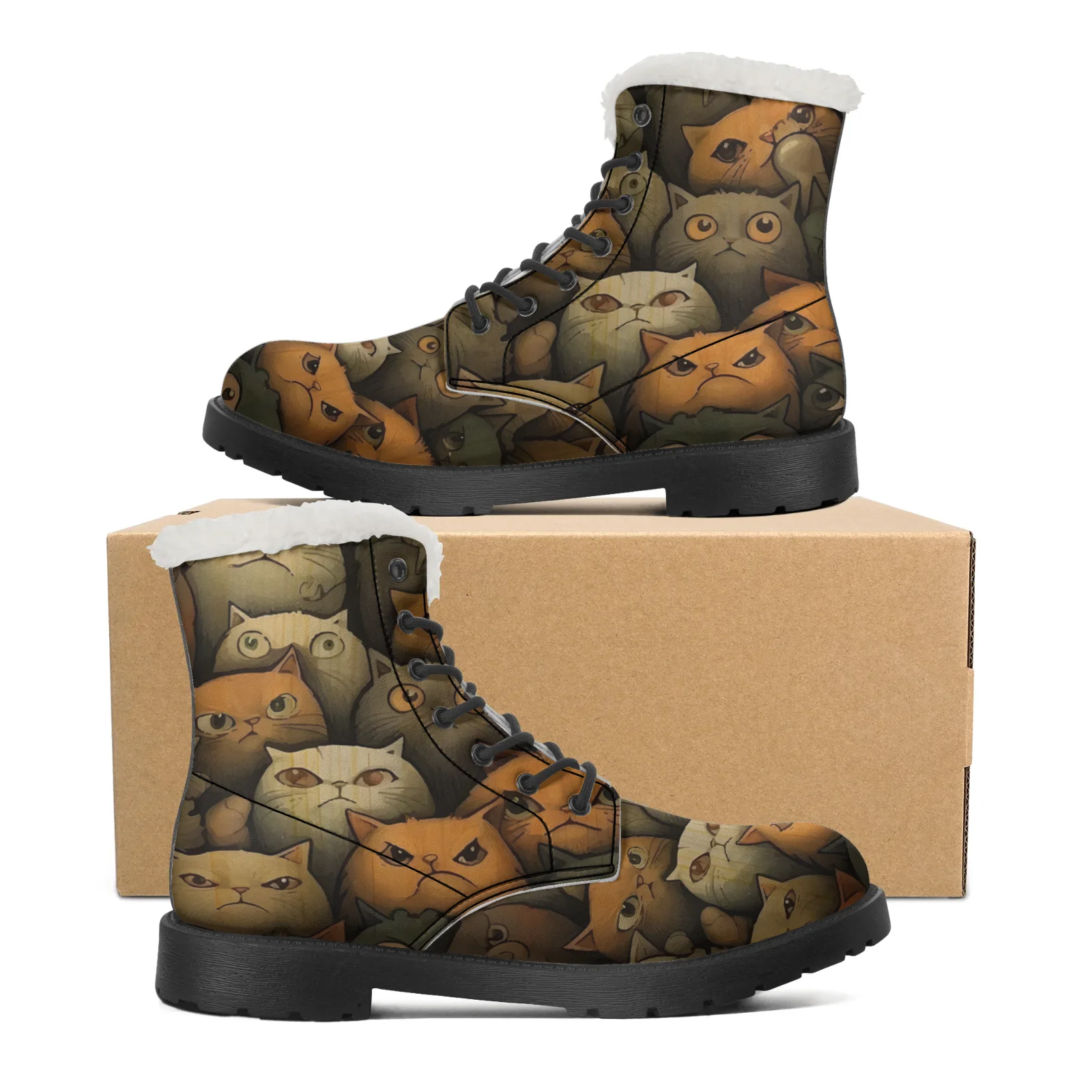 Men Shoes Eu To Us Size - Cute Cats Prints Plush Snow Boots